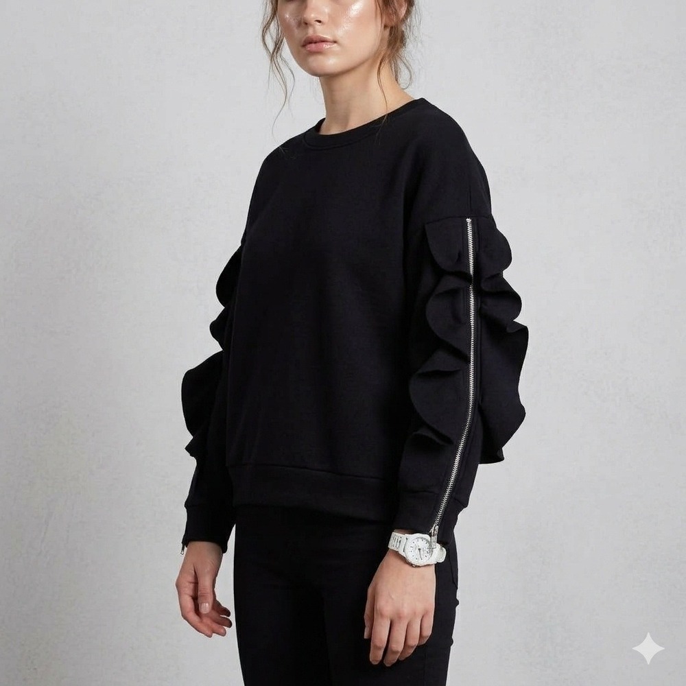 NWT Gabby Isabella Posh Sweatshirt Womens L Black Ruffle Zipper Sleeve Scuba